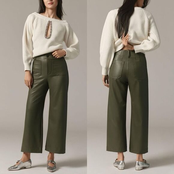 Anthropologie Maeve Colette Cropped Wide Leg Pants Faux Leather Holly Green 28 - Picture 2 of 12